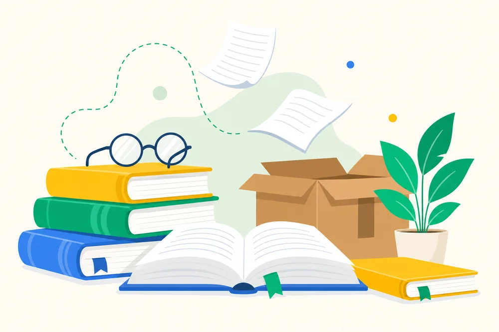 Stack of books and open reading illustration