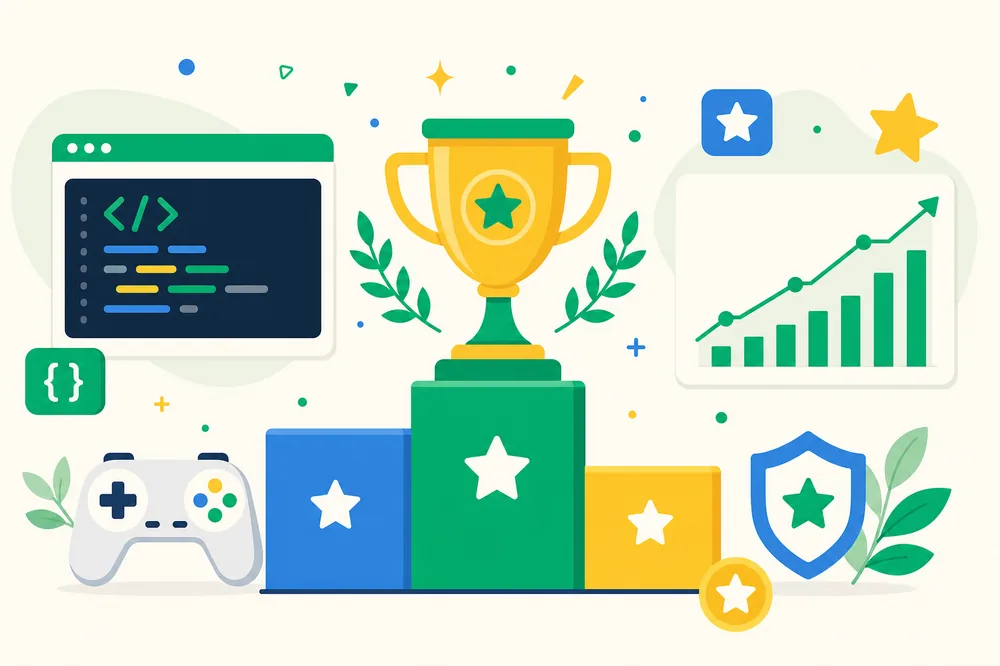 Tournament trophy and coding competition illustration