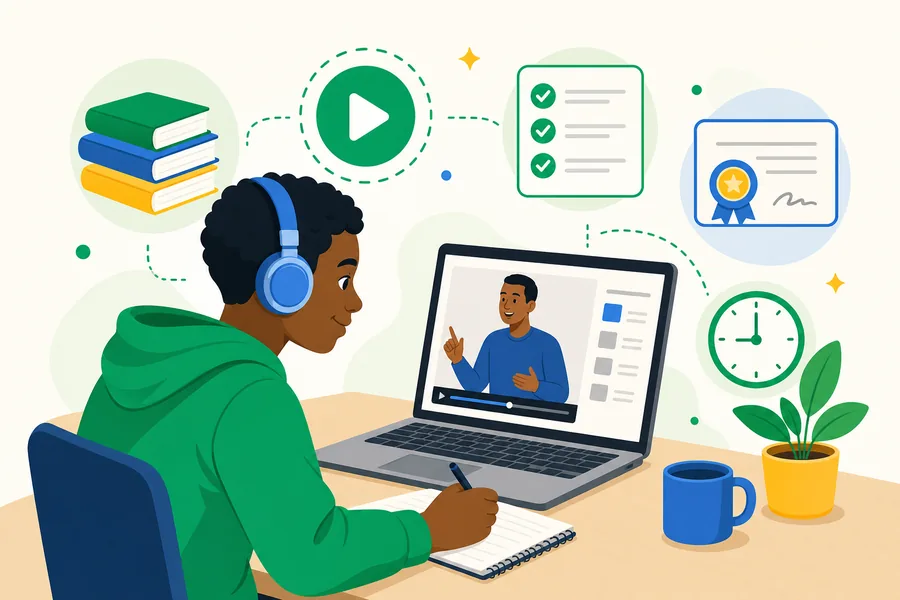 Learner watching a self-paced course on a laptop